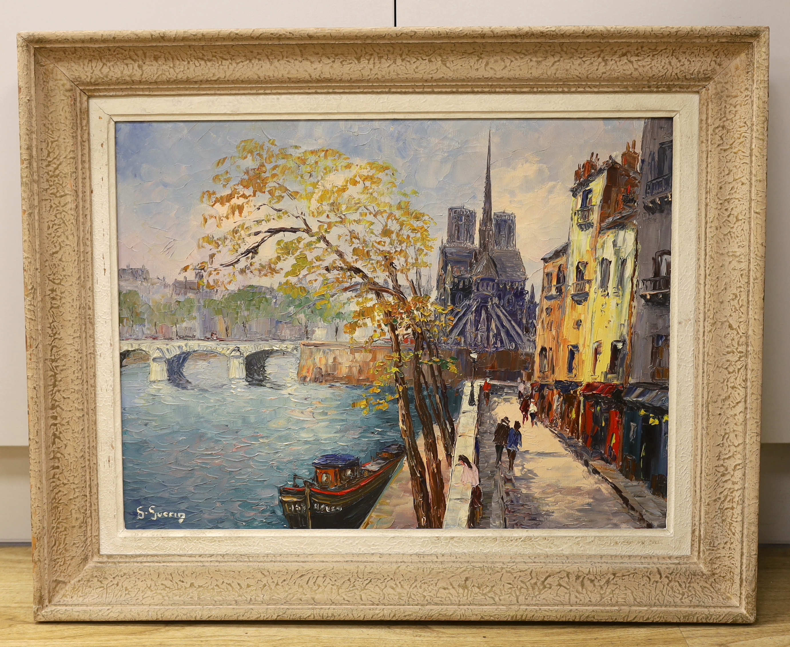 G. Guerig, impasto oil on canvas, Parisian riverside landscape, signed, 59 x 44cm